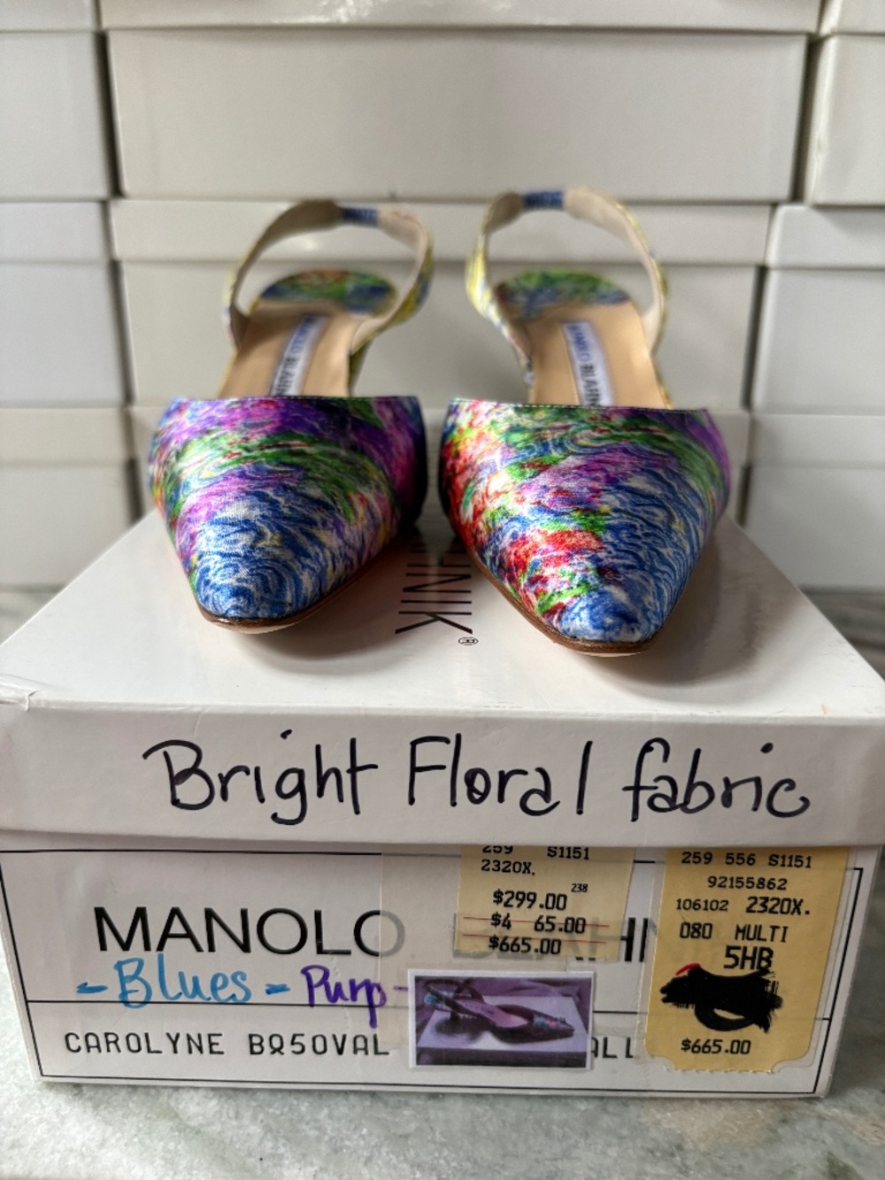 Manolo Blahnik fabric multi-color slingback